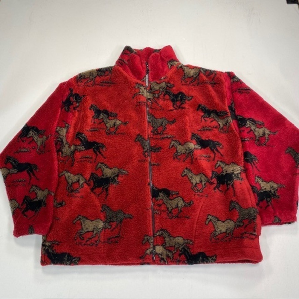 Black Mountain Outdoor Red Horse Print Fleece Jacket Full Zip Sherpa Large USA